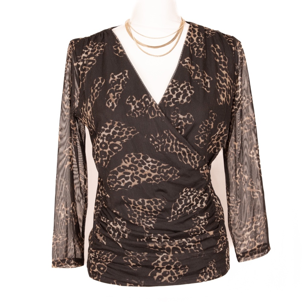 DKNY Mesh Animal Print Wrap Long Sleeve Blouse w/ Lined Bodice & Sheer Sleeves.